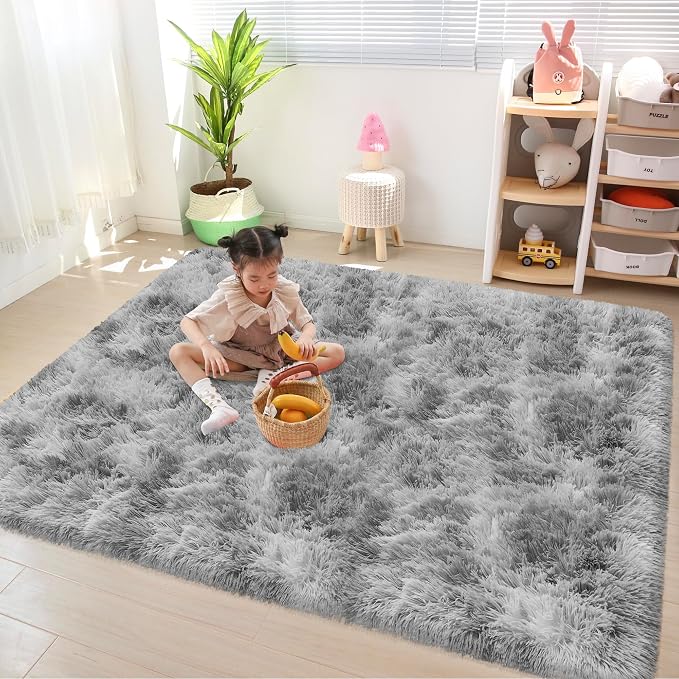 Tie Dye Grey Fluffy Rug for Bedroom 4x6ft Soft Shag Area Rug Mat Bedside Throw - Image 2