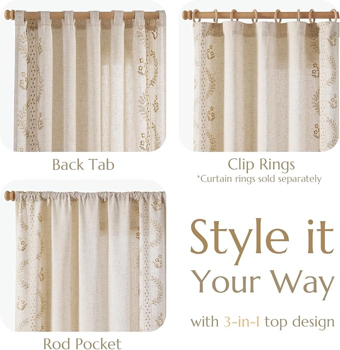 jinchan Belrose Linen Curtains for Bedroom Floral Curtains 108 Inch Length - Image 6
