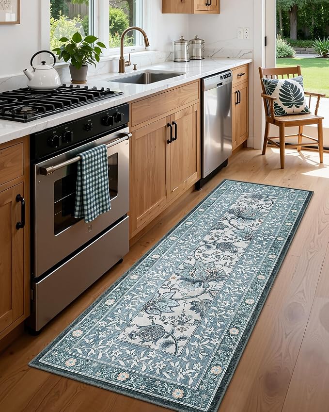 GarveeHome Provence Misty Blue 2.5 x 8 Washable Kitchen Runner Rugs Non Slip - Image 2