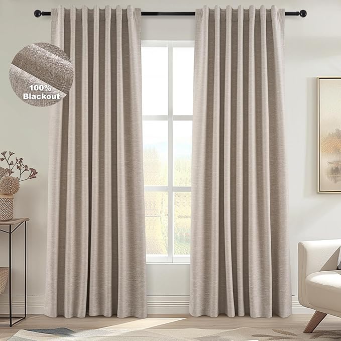 Topfinel 92 Inches Long Taupe Farmhouse Tweed Custom Black Out Drapery Panels by Topfinel