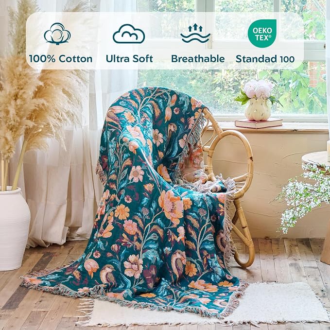 MSGKV Boho Throw Blanket for Couch 50"x60" Cotton Birds Floral Blanket Sofa - Image 2