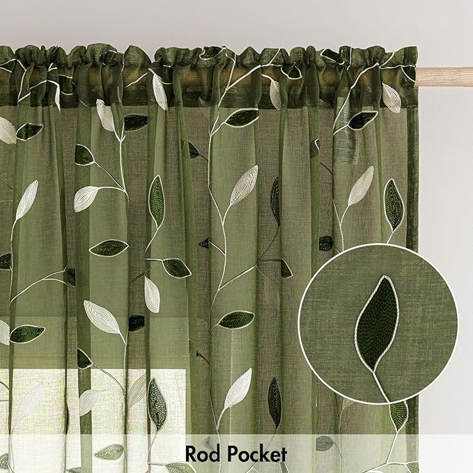 MIULEE Olive Green Sheer Curtains 2 Panels Embroidered Leaf Patterned Rod - Image 6