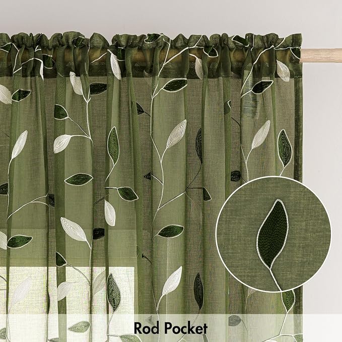 MIULEE Olive Green Sheer Curtains 2 Panels Embroidered Leaf Patterned Rod - Image 6