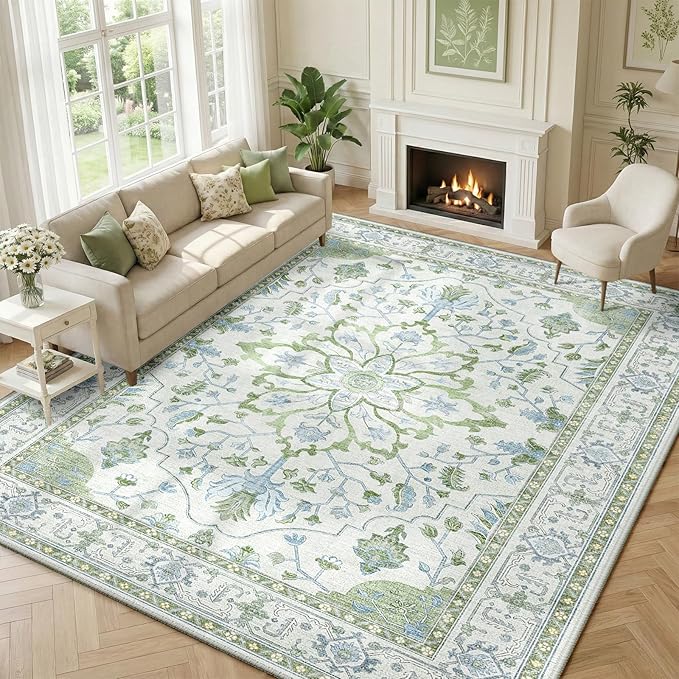 Area Rugs 9'x12' Washable Non-Slip, Floral Vintage Distress Print Pattern by RELEANY