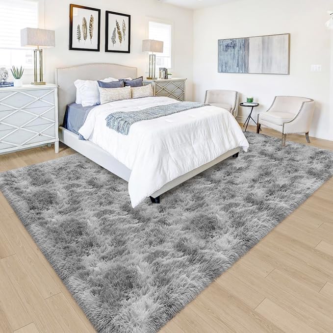 Tie Dye Grey Rug for Living Room 5x8ft Fluffy Modern Shag Area Rug Mat Bedside by JiaoBaba