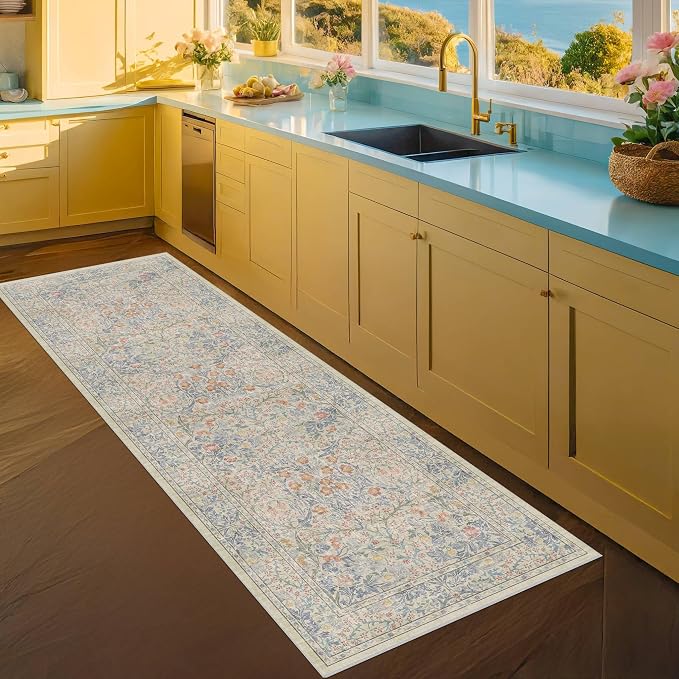 Hazo Haus Non Slip Beige Blue Hallway Runner Rug - Image 6
