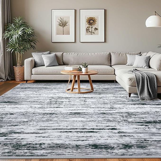 Lansny Modern Abstract 8x10 Large Machine Washable Living Room Rug Non-Slip by lansny