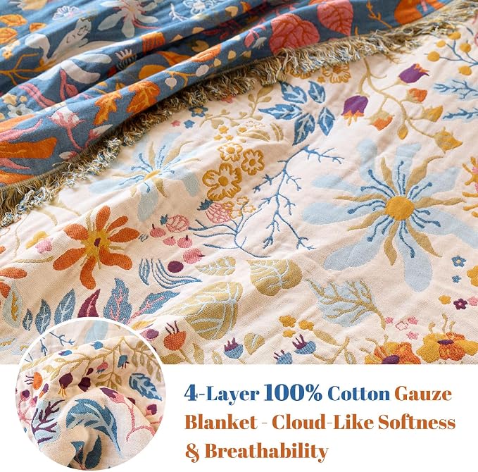 MSGKV Boho Throw Blanket for Bed 100% Cotton Floral Twin Size Couch Blanket - Image 3