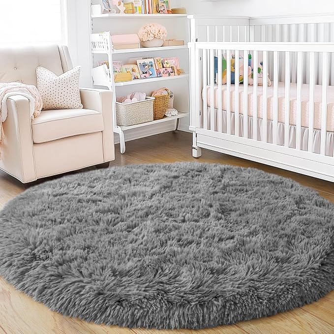 4'x4' Grey Round Rug for Bedroom, Ultra Soft Fluffy Circle Rug for Kids Girls - Image 3