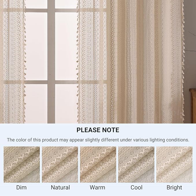 WAZZIO Boho Lace Curtains 108 Inch 2 Panel, Light Filtering Privacy Tassel & - Image 10