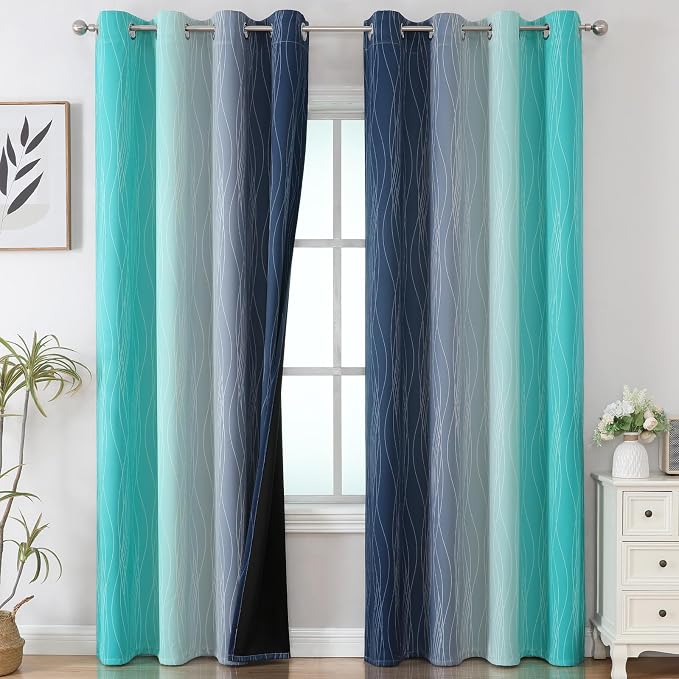 Estelar Textiler Navy Blue and Teal Ombre Blackout Curtains 90 Inches Long 2 - Image 2