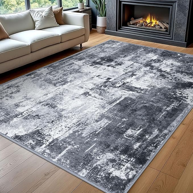 KOZYFLY Modern Abstract Area Rug 8x10 Gray Washable Large Living Room Thin Rugs by KOZYFLY