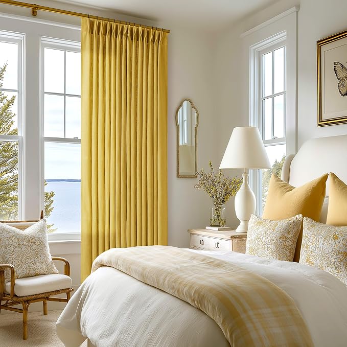 Mustard Yellow Pleated Semi Sheer Linen Curtains 108 Inches Long 2 Panel | - Image 7