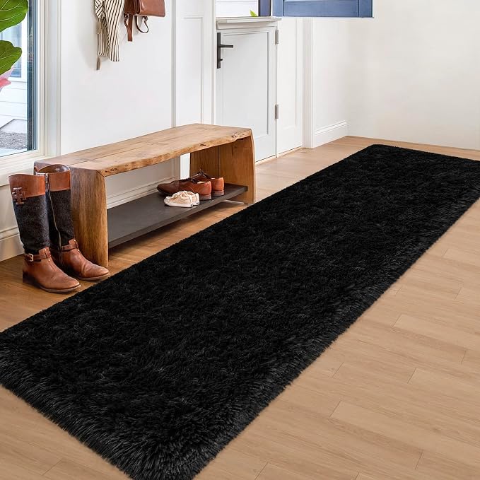 2x8 Bedside Area Rugs for Bedroom Soft Fluffy Shag Black Rug for Hallway - Image 2