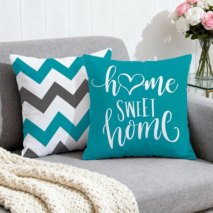 Hexagram Geometric Teal Pillow Covers 18x18 Set of 4, Decorative Outdoor Boho - Image 2