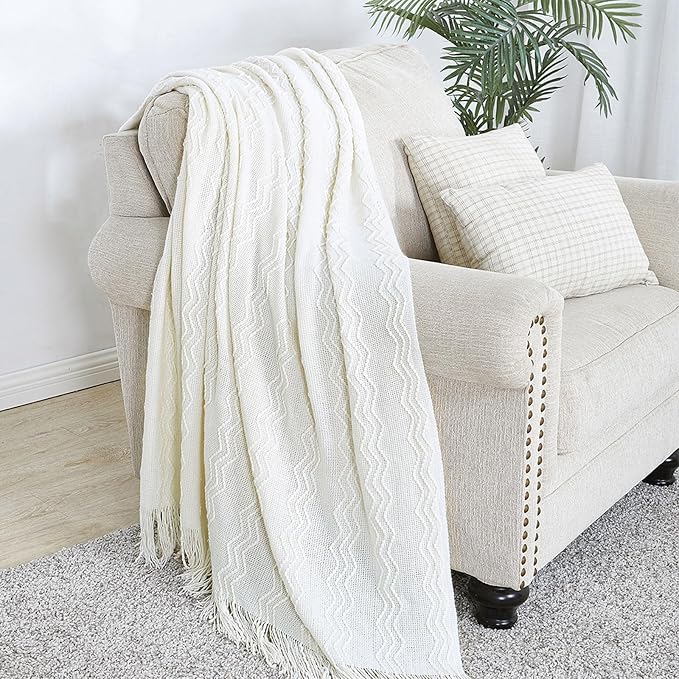 BOURINA Off White Throw Blanket 50 x90 Inches Throw Textured Solid Soft Sofa - Image 4