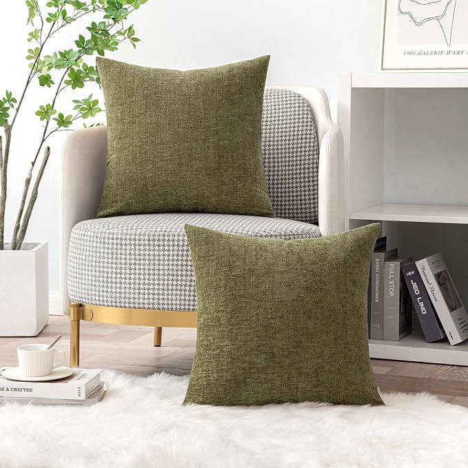 MIULEE Pack of 2 Couch Throw Pillow Covers 18x18 Inch Soft Olive Green Chenille - Image 5