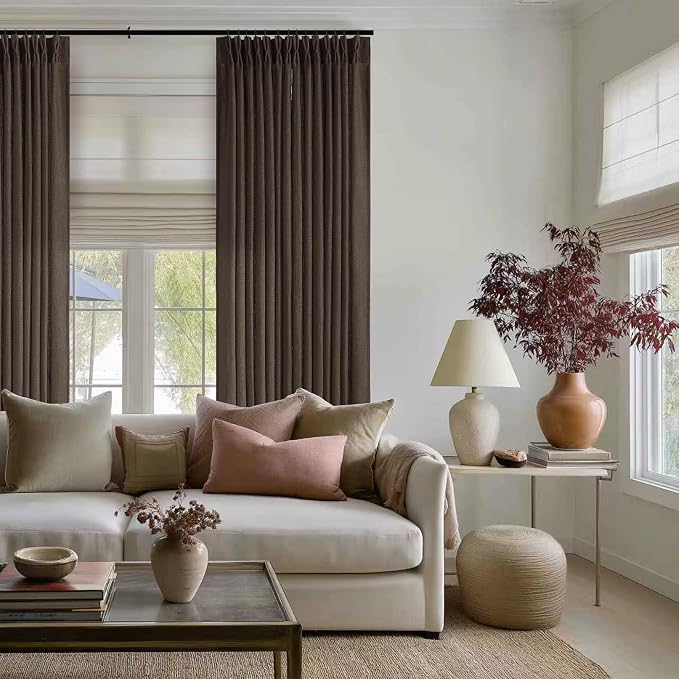 Dark Chocolate 102 Inch Pinch Pleated Semi Sheer Linen Curtains 2 Panels | - Image 7