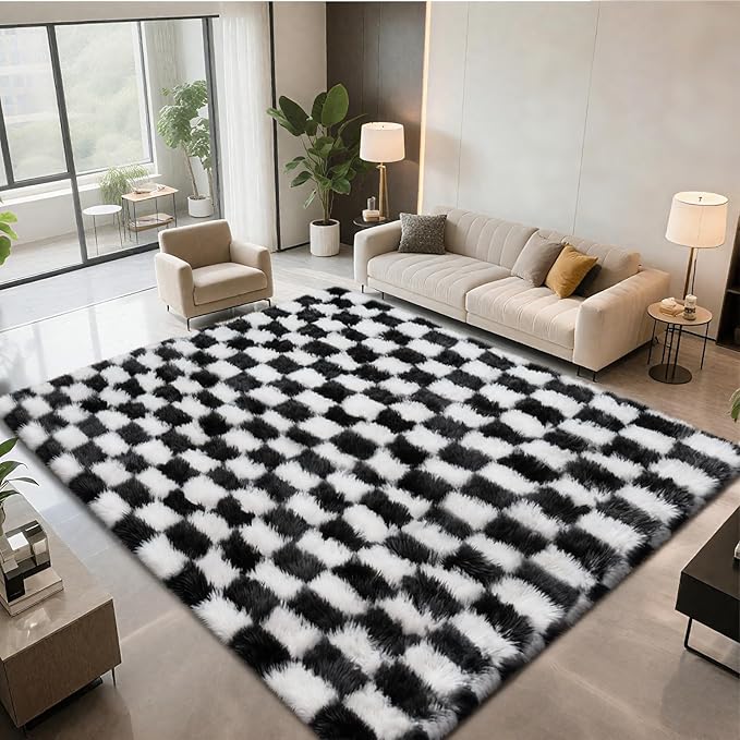 Large Area Rugs for Living Room Bedroom, 9x12 Black and White Fluffy Soft - Image 2
