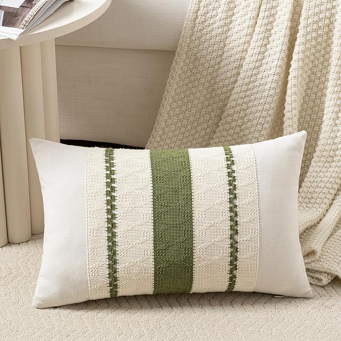 Fancy Homi Set of 1 Boho Moss Green Lumbar Decorative Throw Pillow Cover 12x20 by Fancy+Homi