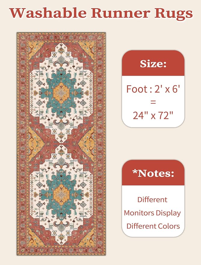 SERISSA Boho Washable Runner Rug, 2x6 Rug Non-Slip Vintage Orange Hallway - Image 6