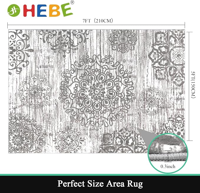 HEBE Washable Area Rug 5'x7' Non Slip Soft Distressed Medallion Bedroom & - Image 2