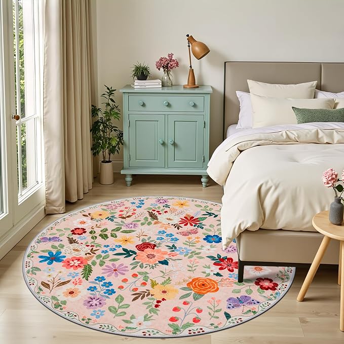 Round Area Rug for Living Room: 6 ft Floral Washable Circle Rug Soft Boho - Image 3