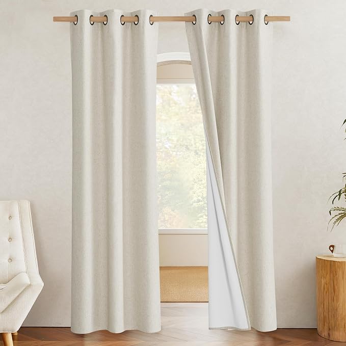 NICETOWN Natural Full Blackout Boho-Chic Linen Curtains 80 inch Long 2 Panels - Image 2