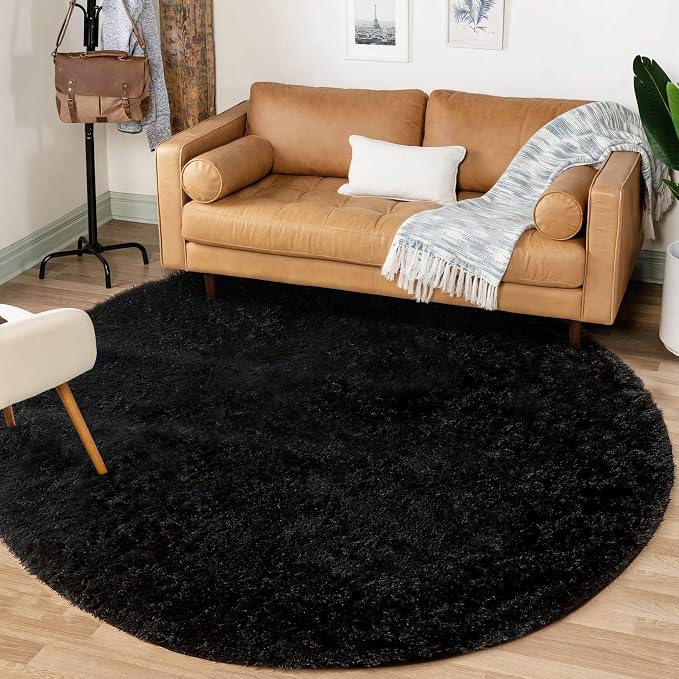 Black Round Rugs for Bedroom: 4ft Circle Fluffy Shag Soft Washable Rug Small - Image 7