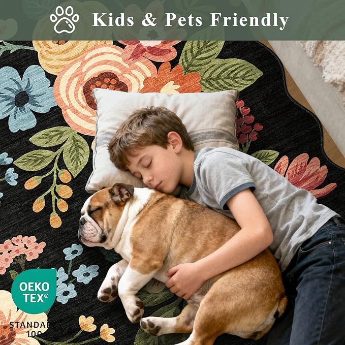 DUKINO 5x7 Area Rugs for Bedroom, Floral Washable Rug Non Slip, Stain Resistant - Image 4