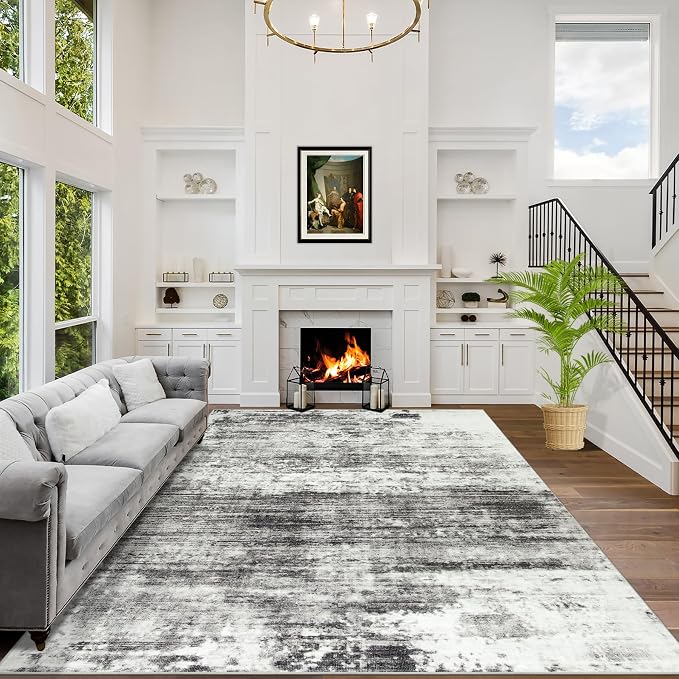 5x7 Area Rugs for Living Room: Washable Abstract Black Grey Badroom Carpet | by GENTDRIZZ