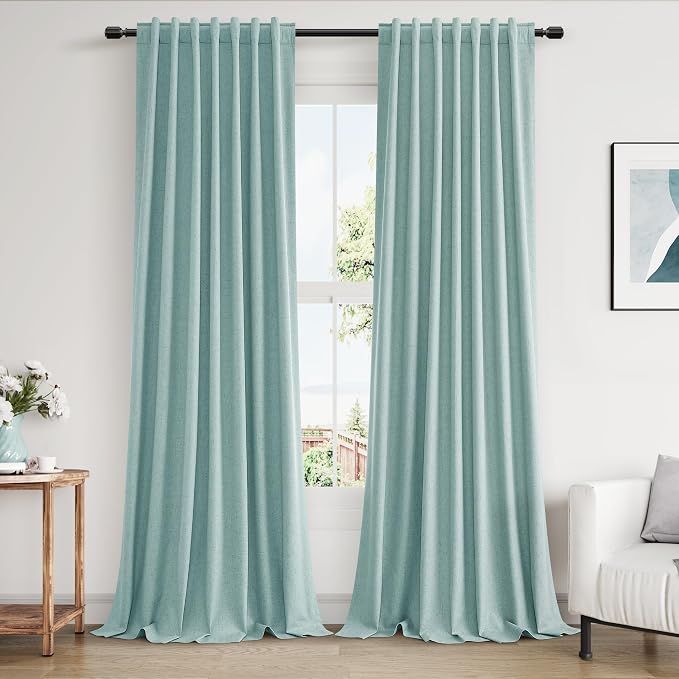 Guken Light Blue 100% Blackout Linen Curtains 100 Inch Length 2 Panels Set by Guken