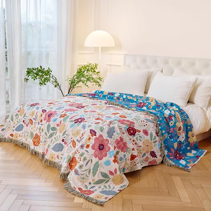 MSGKV Boho Throw Blanket for Bed Twin Size 100% Cotton Floral Blanket 60"x80" - Image 5