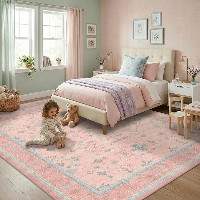Washable Pink and Blue 7x9 Boho Rugs by HazoHaus