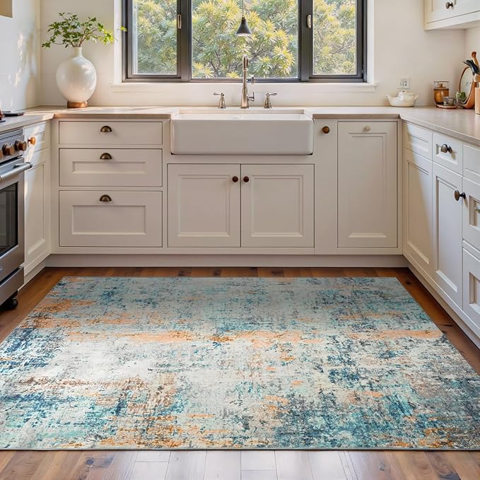 Area Rug 4x6 Blue Rug Washable Boho Rugs Non Slip Low Pile Abstract Small Carpet by OmpaaHomeDecor