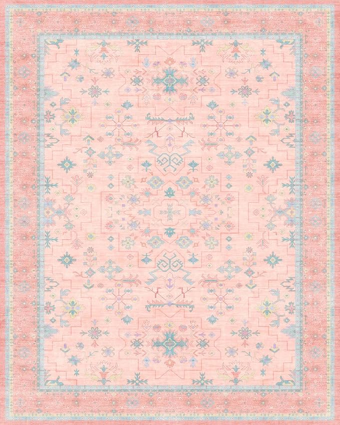 Washable Pink and Blue 9x12 Oushak Rugs - Image 9
