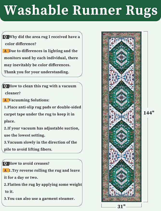 SERISSA Runner Rug for Hallways, Extra Long Boho Rug Ultra Soft Vintage Green - Image 6