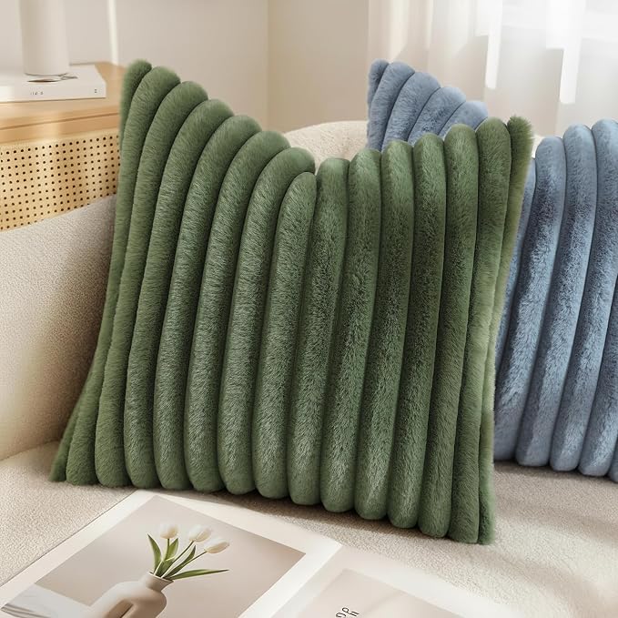 decorUhome Fall Faux Fur Throw Pillow Covers 26x26 Set of 2 Olive Green | - Image 6