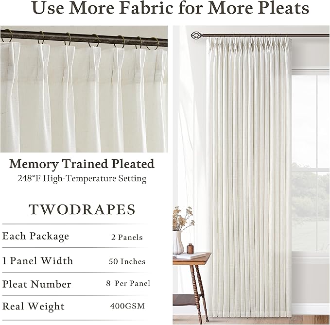 Pleated Linen Cream Light Filter Sheer Boho Curtains 112 Inches Length 50W | - Image 4
