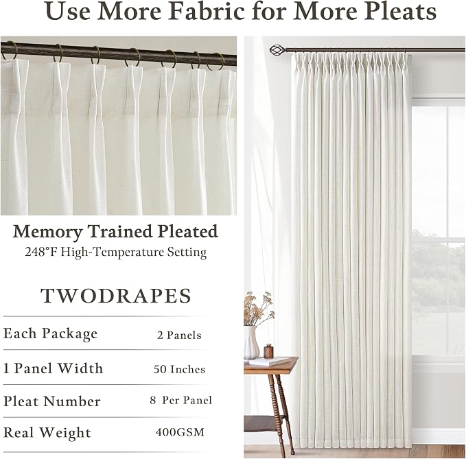 100 Inch Light Filtering Pinch Pleated Flax Linen Curtains 50 Inch Wide | Pleat - Image 5