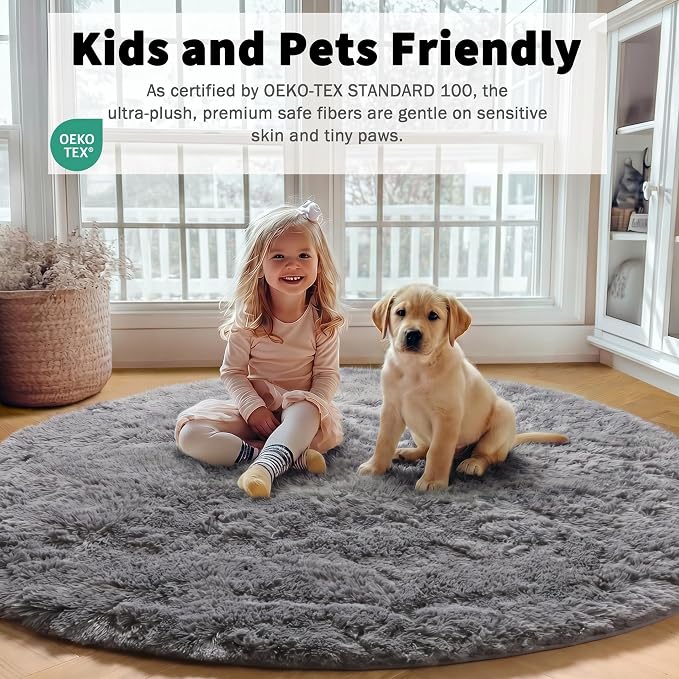 Grey Round Rugs 7ft for Living Room, Fluffy Bedroom Circle Area Rug, Soft Plush - Image 6