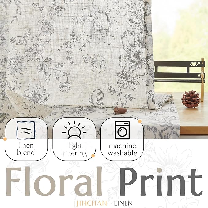 jinchan Linen Blend Curtain Floral Curtains - Image 3