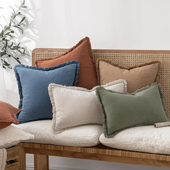MIULEE Boho Linen Fringe Decorative Throw Pillow Covers Blue Ashes 20x20 | Set - Image 2
