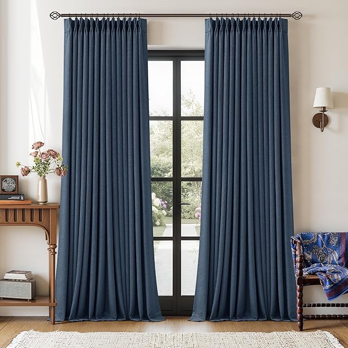 Navy Blue 108 Inch Pinch Pleated Blackout Linen Bedroom Curtains 2 Panels | by Twodrapes