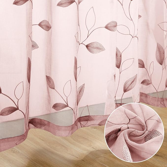 HOMEIDEAS Blush Pink Floral Sheer Curtains 96 Inches Long 2 Panels Embroidered - Image 5