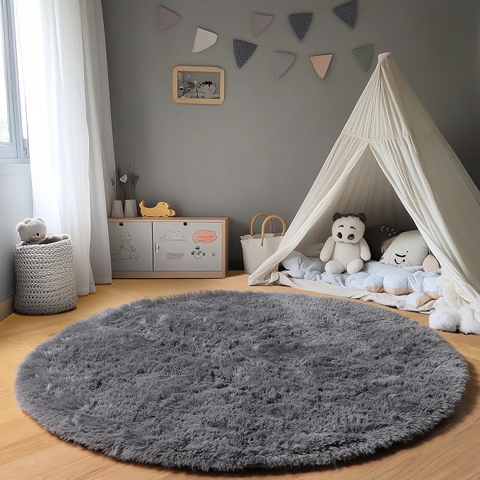 ONASAR Grey Round Area Rugs 5ft, Fluffy Plush Shaggy Carpet - Image 5