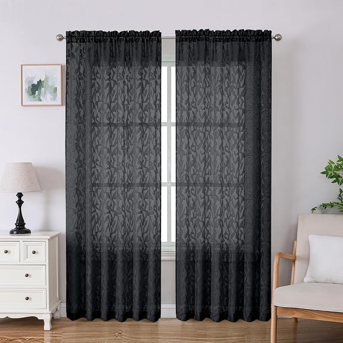 Lecloud Leia Black Sheer Curtains 84 Inches Long 2 Panels, Airy Leaf Textured by Lecloud