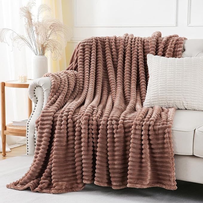 Chocolate Throw Blanket for Couch Sofa 90x90 inches Striped Design | Fleece - Image 4
