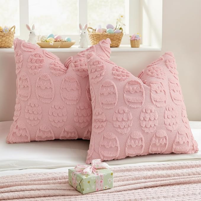 decorUhome Easter Pink Egg Pillow Covers 18x18 Inch Set of 2, Soft Plush Faux - Image 6