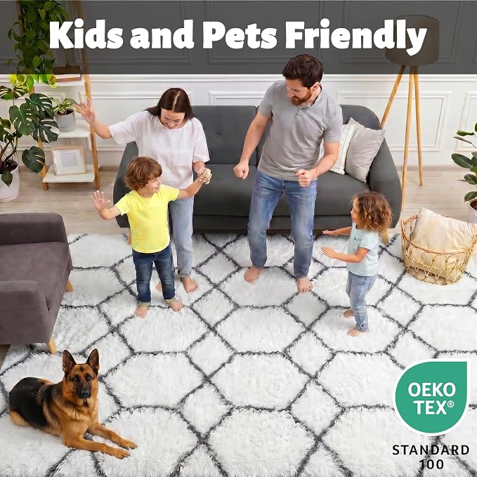 Area Rugs for Bedroom Living Room, 4x6 Fluffy White and Grey Geometric Rug | - Image 3